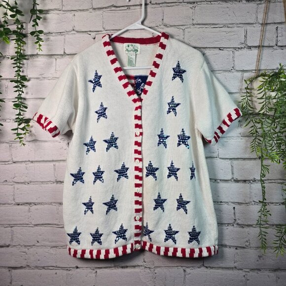 QUACKER FACTORY PATRIOTIC BUTTON UP SHORT SLEEVE SWEATER WOMENS SIZE LARGE EUC - Picture 1 of 6